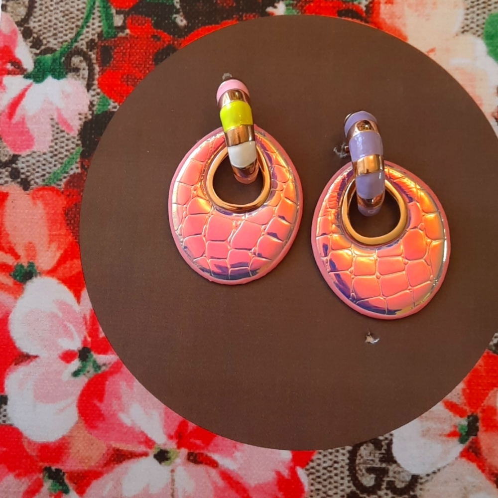 Large Shiny Irridescent Metal on Leather Earrings
